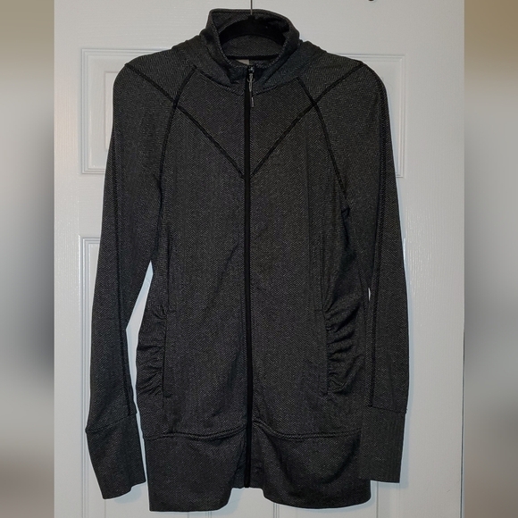 MONDETTA Gray Black Herringbone Full Zip Hooded Athletic Jacket with Thumb Holes - Picture 1 of 6